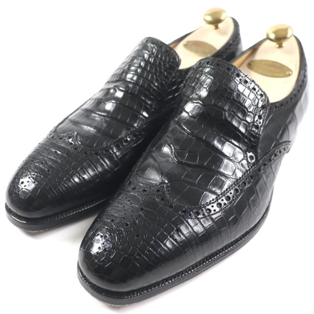 美品▼エドワードグリーン WIGMORE ヴィヴモア ウィングチップ メダリオン ローファー クロコダイル レザーシューズ 7.5 保存袋付 メンズ