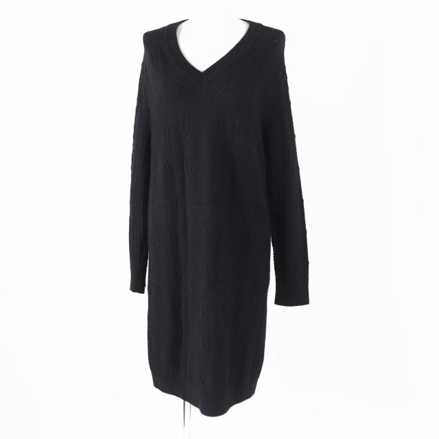 極美品◎HERMES エルメス 22AW 2H2509D6 ウール カシミヤ シェーヌダンクル Vネック 長袖 ニットワンピース ブラック 34 伊製 正規品