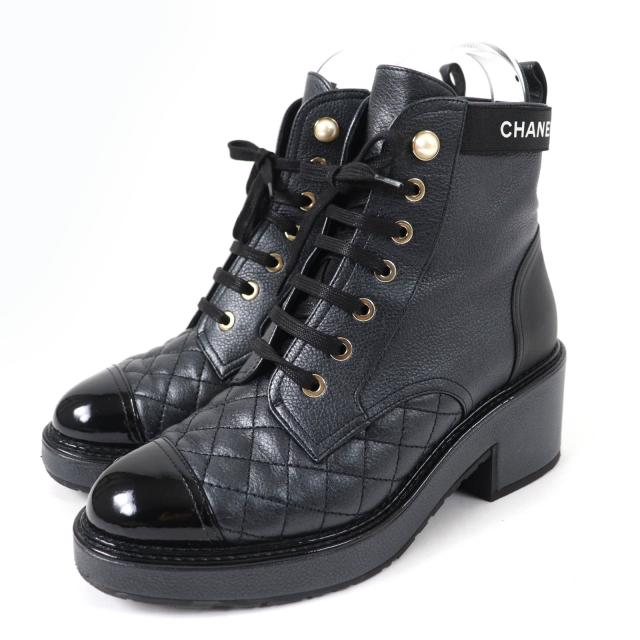 極美品☆CHANEL シャネル G38514 ロゴ マトラッセ Fパール付 レースアップ レザー アンクルブーツ ブラック 37 イタリア製 レディース