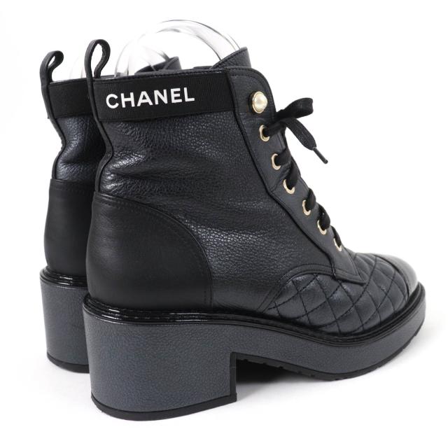 極美品☆CHANEL シャネル G38514 ロゴ マトラッセ Fパール付 レースアップ レザー アンクルブーツ ブラック 37 イタリア製 レディース_1