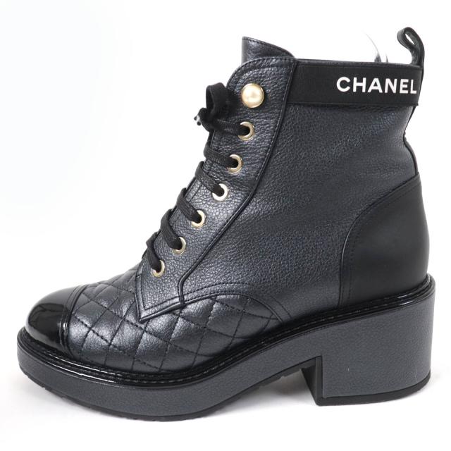 極美品☆CHANEL シャネル G38514 ロゴ マトラッセ Fパール付 レースアップ レザー アンクルブーツ ブラック 37 イタリア製 レディース_3