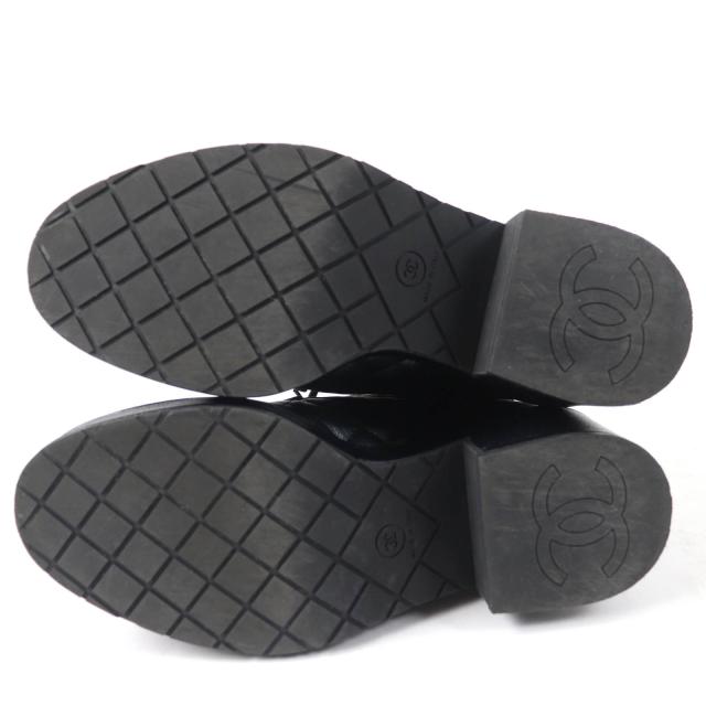 極美品☆CHANEL シャネル G38514 ロゴ マトラッセ Fパール付 レースアップ レザー アンクルブーツ ブラック 37 イタリア製 レディース_5