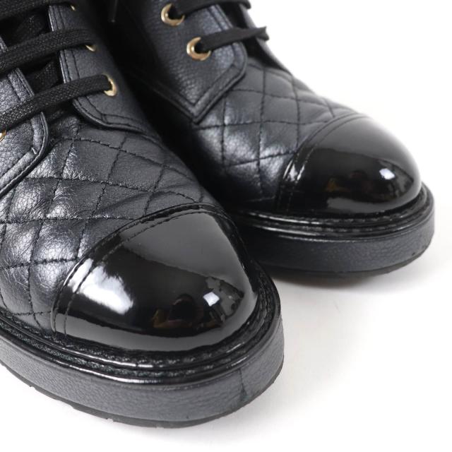 極美品☆CHANEL シャネル G38514 ロゴ マトラッセ Fパール付 レースアップ レザー アンクルブーツ ブラック 37 イタリア製 レディース_6