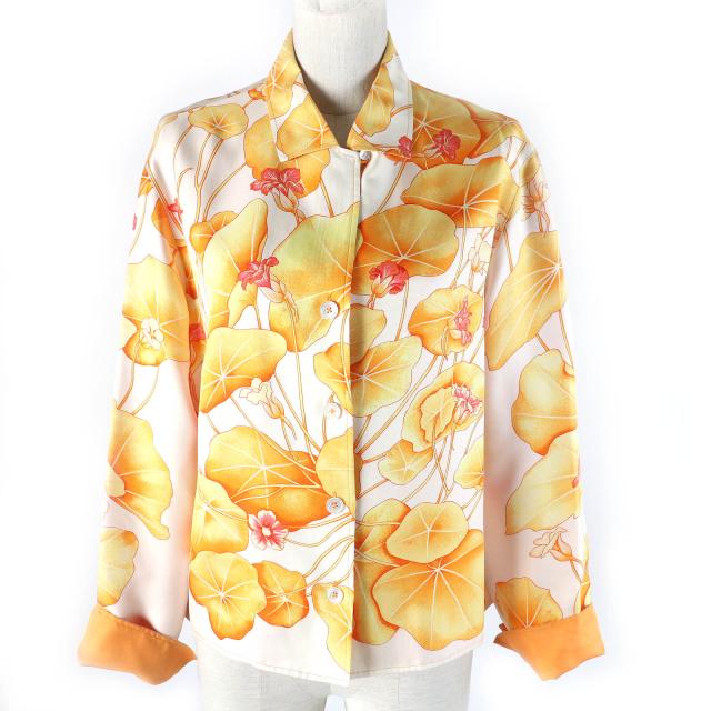 良品△HERMES エルメス ヴィンテージ マルジェラ期 Les Capucines 金蓮花 シルク100％ 長袖シャツ オレンジ系 38 フランス製 レディース