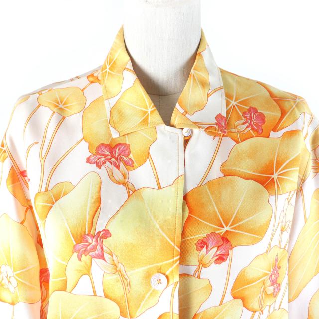 良品△HERMES エルメス ヴィンテージ マルジェラ期 Les Capucines 金蓮花 シルク100％ 長袖シャツ オレンジ系 38 フランス製 レディース_3
