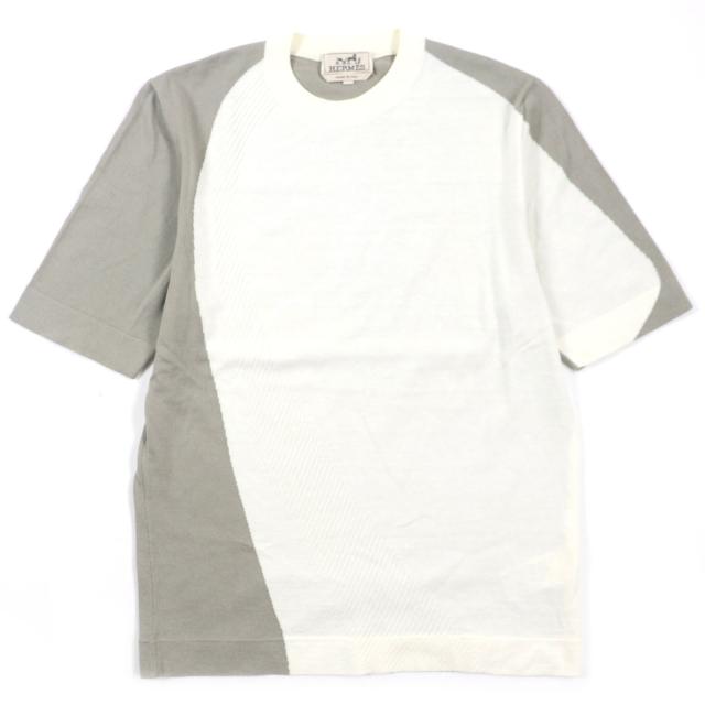 美品▼HERMES エルメス 22SS コットン カシミヤ クルーネック バイカラー ショートスリーブ サーマーニット 半袖ニット XS 正規品 メンズ