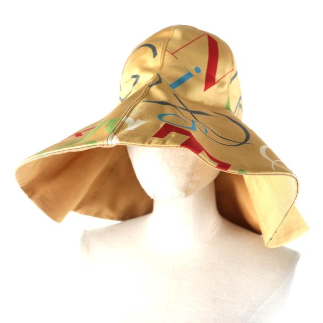 美品△HERMES エルメス ヴィンテージ シルク100％ アルファベット 総柄 ツバ広 女優帽 リゾートハット ベージュ マルチカラー フランス製