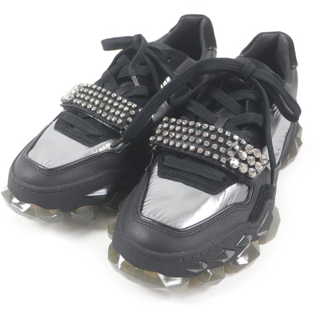 未使用品□JIMMY CHOO ジミーチュウ DIAMOND X STRAP ラインストーン レザー ローカットスニーカー ブラック シルバー 40 箱・保存袋付き