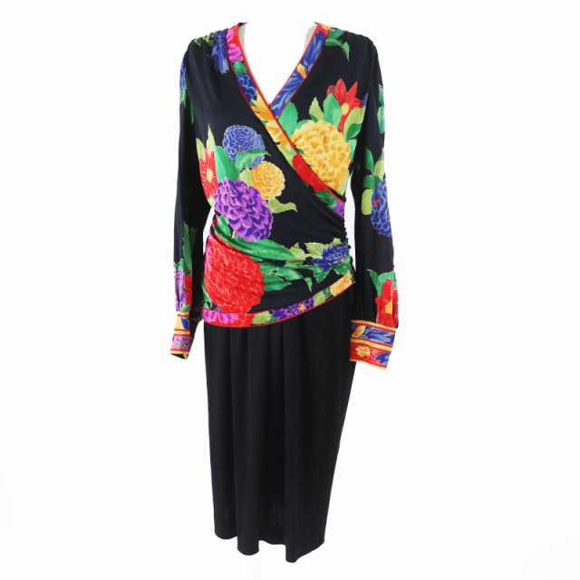 美品◎LEONARD レオナール シルク切替 フラワープリント／花柄 カシュクール ワンピース マルチ ブラック 11AR レディース