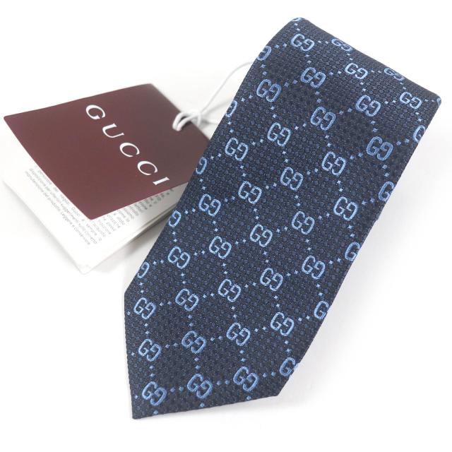 未使用品□GUCCI グッチ 2024年製 790227 GG ロゴ総柄 シルクジャガード レギュラータイ ネクタイ ネイビー イタリア製 正規品 メンズ