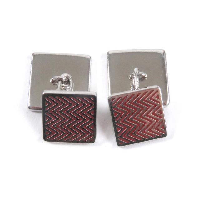 美品□HERMES エルメス シェブロンストライプ スクエア型 シェーヌダンク カフスボタン カフリンクス シルバー レッド メンズ ビジネス◎_1