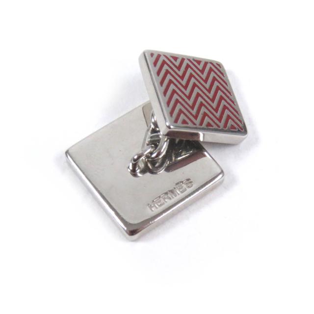 美品□HERMES エルメス シェブロンストライプ スクエア型 シェーヌダンク カフスボタン カフリンクス シルバー レッド メンズ ビジネス◎_2
