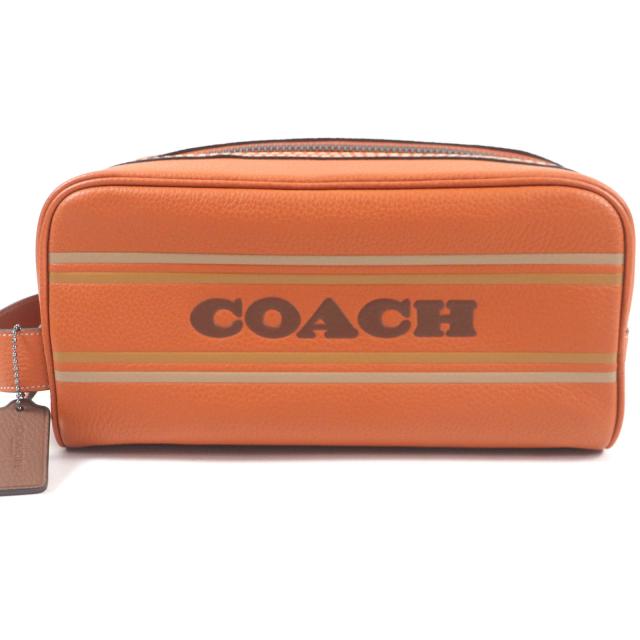 極美品□COACH コーチ CH077 ラージ トラベル キット・コーチ ストライプ ロゴ入り レザー セカンドバッグ クラッチバッグ ブラウン