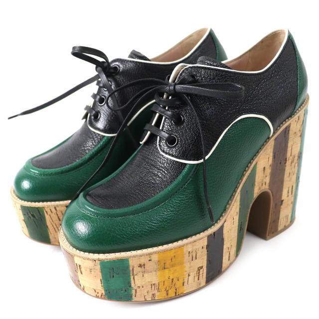 美品△MIUMIU ミュウミュウ ストライプ ウェッジソール 厚底 オックスフォード レザーシューズ グリーン ブラック 37.5 定価126000円
