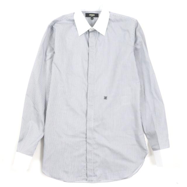 極美品▼FENDI フェンディ 2021年製 FS1003 コットン100% FFロゴ刺繍 ロングスリーブ 長袖シャツ ブラック ホワイト 38 正規品 メンズ