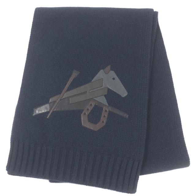 未使用品□HERMES エルメス H393803T パズル・エケストル カシミヤ シルク ラムレザーパッチ マフラー ネイビー イタリア製 メンズ