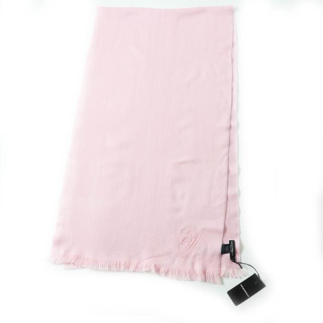 未使用品◎EMPORIO ARMANI エンポリオ アルマーニ EW001433 ウール ロゴ刺繍 ラメ糸入り ストール ライトピンク シルバー 伊製 正規品