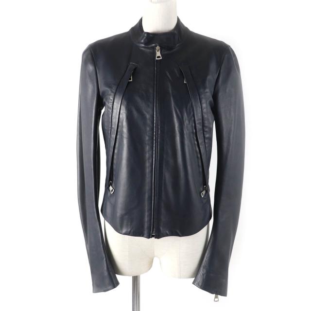 美品★Maison Margiela 4 メゾンマルジェラ4 S51AM0181 ハの字 ZIP UP シングル ラムレザー ライダースジャケット ダークネイビー 42