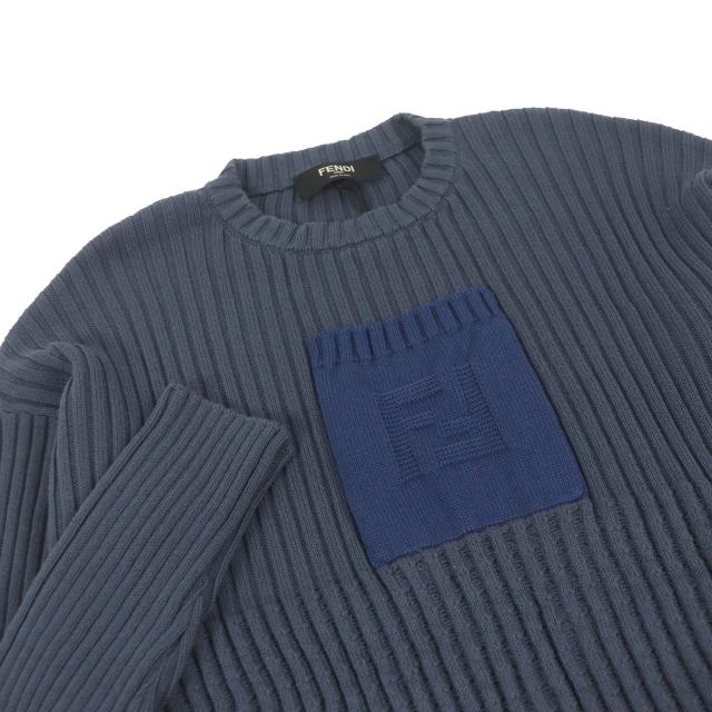 未使用品□FENDI フェンディ 2021年製 FZX036 カシミヤ混 FFロゴ ポケット リブニット セーター ブルーグレー 50 イタリア製 正規品_1