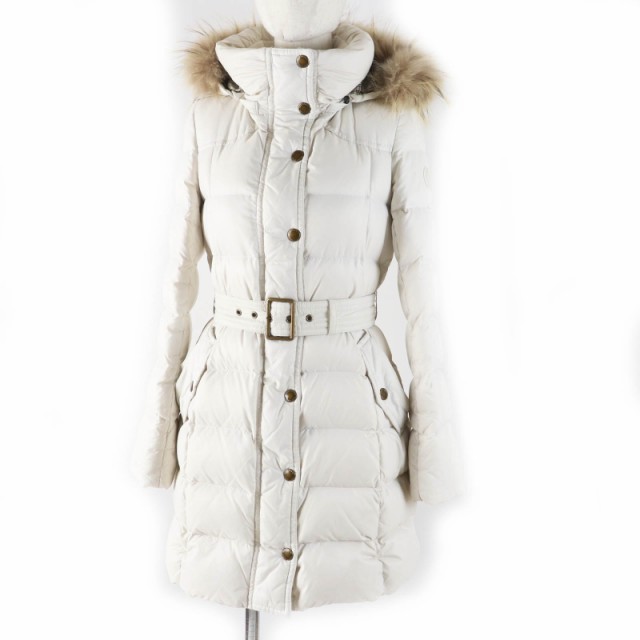 美品◎BURBERRY BLUE LABEL バーバリーブルーレーベル E1A80-880-02 ファー・フード・Bロゴワッペン付 ダウンコート アイボリー 38 正規品