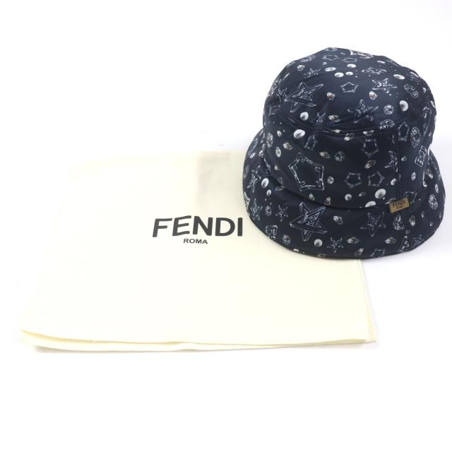 未使用品▼FENDI フェンディ FXQ966 FFロゴ ズッカ スター リバーシブル 帽子 バケットハット ネイビー 保存袋付き 正規品 メンズ