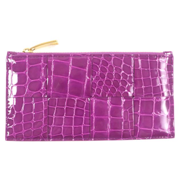 未使用品▼ボッテガヴェネタ カセット ロングファスナー カードケース マキシイントレチャート クロコ型押 パテントレザー ケース