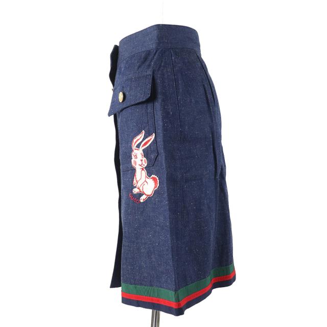 極美品△GUCCI グッチ 521009 ウェブライン GGロゴボタン ラビット刺繍 デニム スカート インディゴブルー 38 伊製 正規品 レディース_1