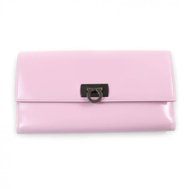 未使用品★FERRAGAMO フェラガモ ガンチーニ金具付 三つ折り レザー ロングウォレット 長財布 ピンク 箱付き イタリア製　レディース