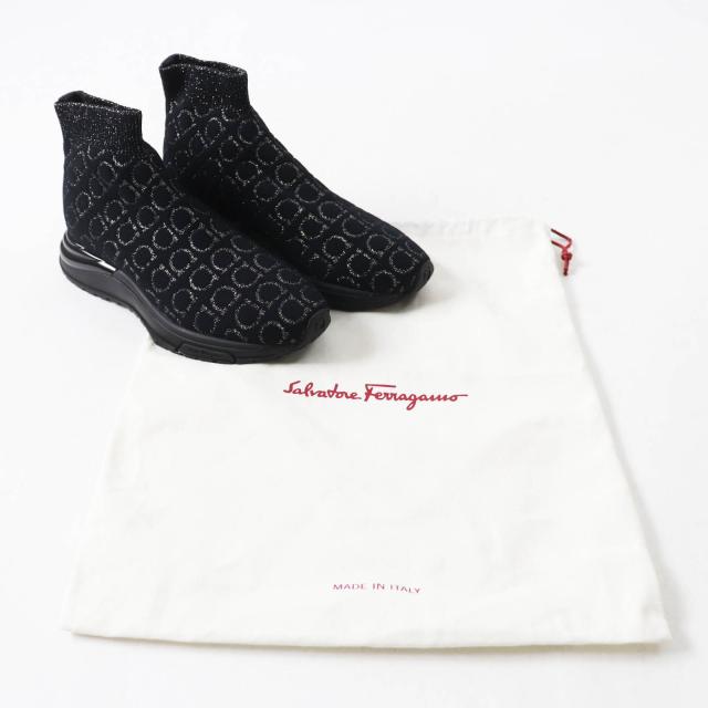 未使用品◎Salvatore Ferragamo サルヴァトーレフェラガモ ガンチーニ総柄 ニット ソックススニーカー ブラック シルバー 5.5 保存袋付き_1