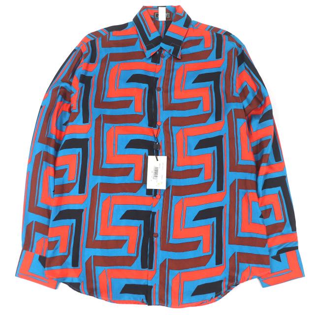 未使用品□Gianni Versace ジャンニヴェルサーチ ヴィンテージ シルク100% 総柄 ロングスリーブ 長袖シャツ ブルー系 52 イタリア製