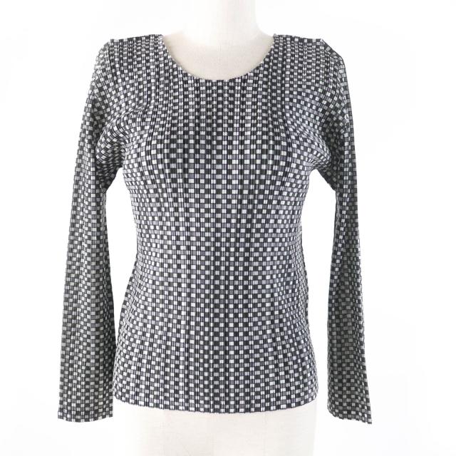 極美品☆PLEATS PLEASE プリーツプリーズ イッセイミヤケ PP73-FK891 格子柄 長袖 カットソー グレー系 3 日本製 正規品 レディース