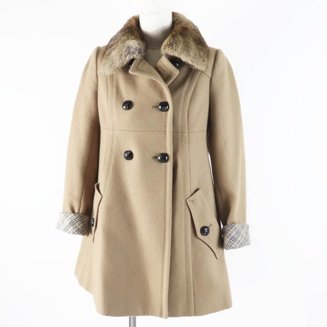 美品◎BURBERRY BLUE LABEL バーバリーブルーレーベル E1B04-491-40 襟ラビットファー付き 裏チェック柄 ピーコート ベージュ 36 正規品