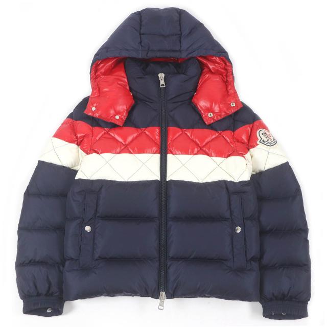 極美品□MONCLER モンクレール JANVRY GIUBBOTTO トリコロール フーデッド ダウンジャケット ネイビー 0 ハンガー付き 正規品 メンズ