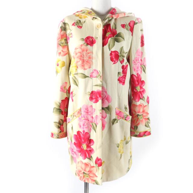 良品☆LEONARD FASHION レオナール ファッション ウール100％ フラワープリント フード付 ジャケット アイボリー 9AR 正規品 レディース