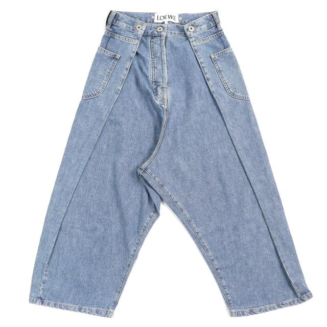 未使用品△LOEWE ロエベ D2292310IB ロゴレザーパッチ ボタンフライ サイドポケット クロップド ワイドレッグ デニムパンツ 32 正規品