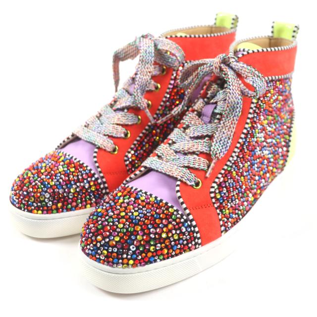 未使用品▼クリスチャンルブタン 1160174 スワロフスキー スウェード パテント レザー ハイカットスニーカー マルチ 40 箱・袋付 メンズ