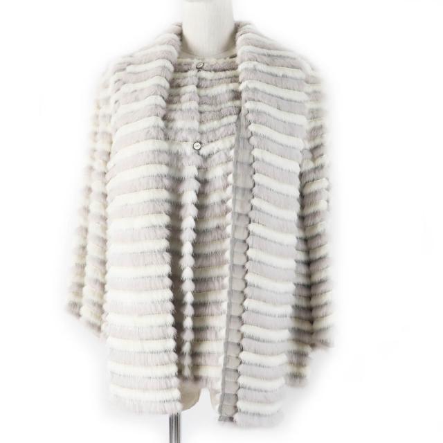 極美品◎FENDI フェンディ FNE04C ミンク シルク ストール付き ロゴボタン 2WAY ノーカラージャケット グレー ホワイト 42 伊製 正規品