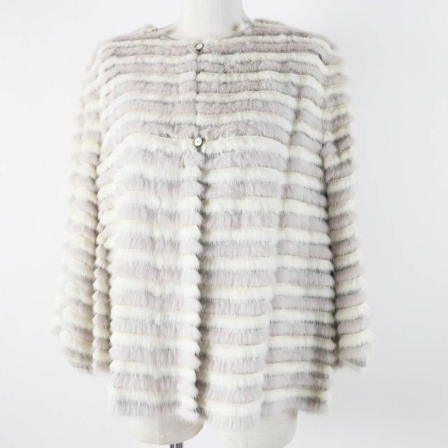 極美品◎FENDI フェンディ FNE04C ミンク シルク ストール付き ロゴボタン 2WAY ノーカラージャケット グレー ホワイト 42 伊製 正規品_2