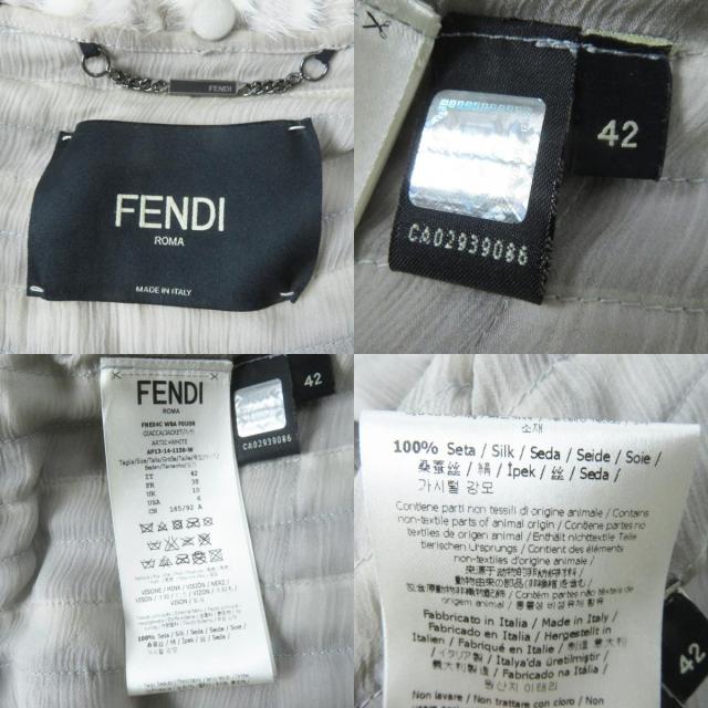 極美品◎FENDI フェンディ FNE04C ミンク シルク ストール付き ロゴボタン 2WAY ノーカラージャケット グレー ホワイト 42 伊製 正規品_8