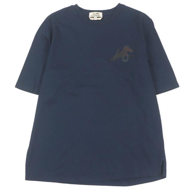 美品□HERMES エルメス 22SS パズル・エスケトル コットン 羊革 クルーネック 半袖Ｔシャツ ネイビー XS イタリア製 正規品 メンズ