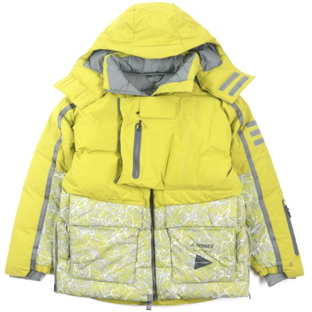美品▼and wander adidas アンドワンダー アディダス TERREX フード付き 中綿入り ZIPUP  コラボジャケット イエロー グレー M メンズ