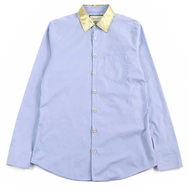 極美品○GUCCI グッチ 521946 ロゴボタン 襟切替 シルク使い 長袖シャツ ブルー ゴールド 41/16 イタリア製 正規品 メンズおすすめ