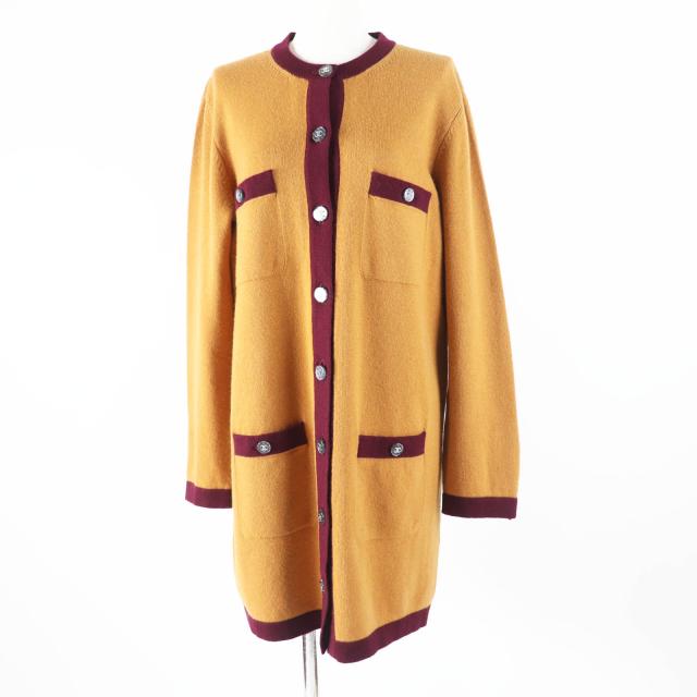 極美品◎CHANEL シャネル 20AW P71510 カシミヤ100％ ココマークボタン バイカラー 長袖 ロング丈 ニット カーディガン マスタード 42