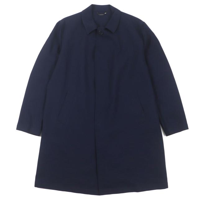 極美品▼VERSACE ヴェルサーチ 2017年製 ウール70% 比翼仕立て ロゴ入りボタン 薄手 ステンカラーコート ネイビー 54 イタリア製 メンズ