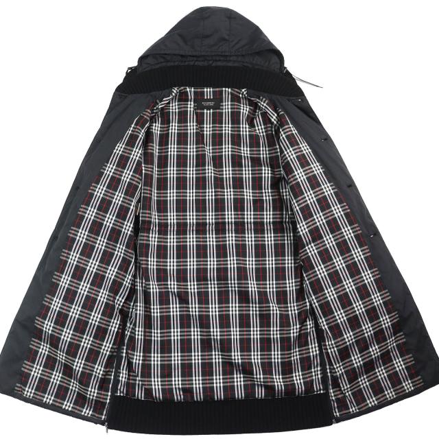 美品△BURBERRY BLACK LABEL バーバリーブラックレーベル 裏地チェック柄 ニット使い 中綿入り フーデッド ロング コート 黒 L 正規品_2