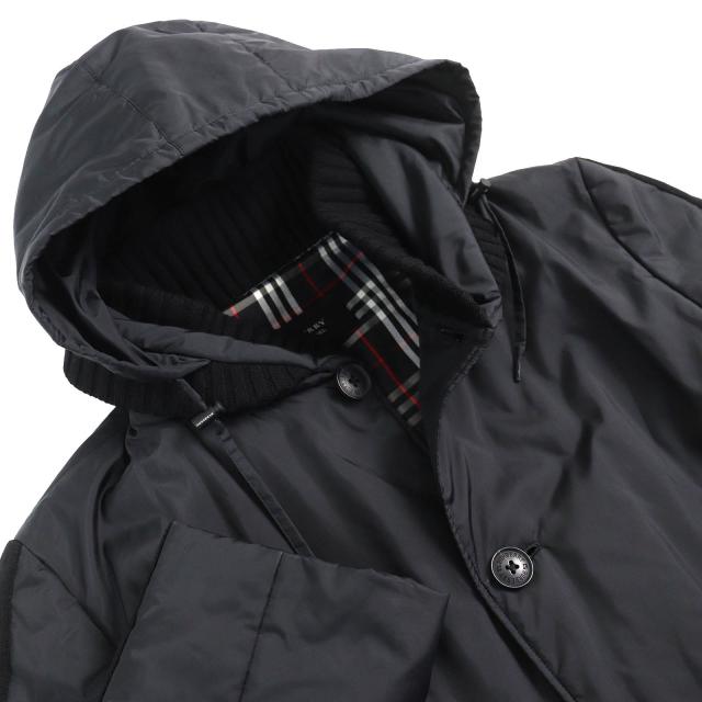 美品△BURBERRY BLACK LABEL バーバリーブラックレーベル 裏地チェック柄 ニット使い 中綿入り フーデッド ロング コート 黒 L 正規品_3