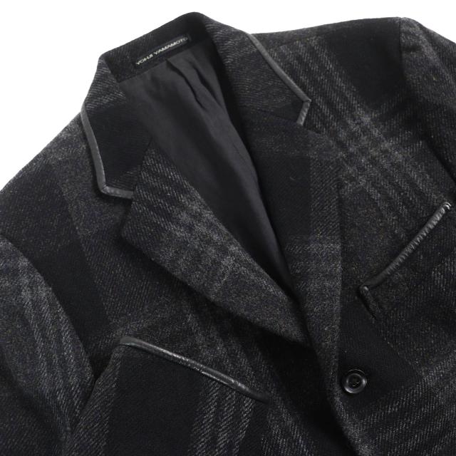 美品△Y’s for men ワイズフォーメン ヨウジヤマモト MO-J12-105 レザートリミング チェック柄 ツイード テーラードジャケット ブラック系 3 日本製 正規品 メンズ 美品△Y's for men ワイズフォーメン ヨウジヤマモト MO-J12-105