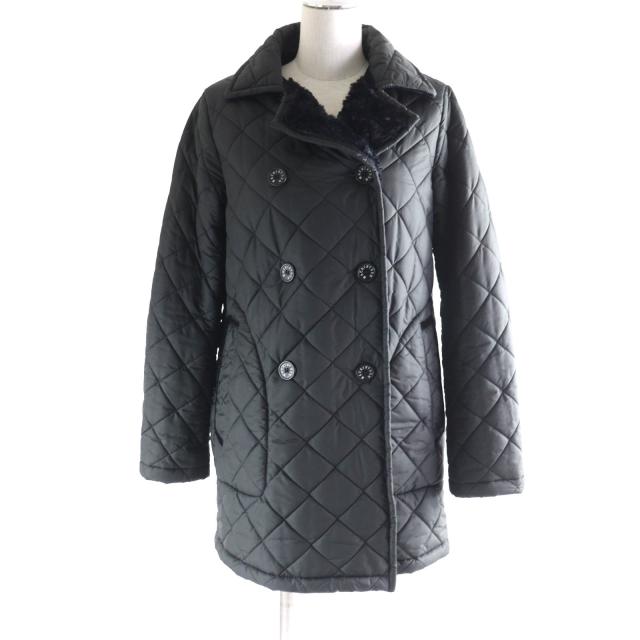 美品★Mackintosh マッキントッシュ ロゴボタン付 裏地ボア ダブルブレスト キルティングコート アウター ブラック 36 英国製 レディース