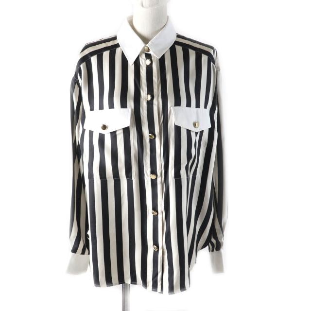 極美品★SAINT LAURENT PARIS サンローランパリ 2022年製 694156 シルク100％ 金ボタン付 ストライプ 長袖シャツ ブラック ベージュ 38 シャツ