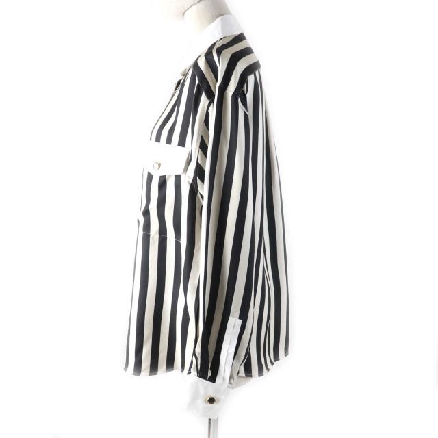 極美品★SAINT LAURENT PARIS サンローランパリ 2022年製 694156 シルク100％ 金ボタン付 ストライプ 長袖シャツ ブラック ベージュ 38 シャツ